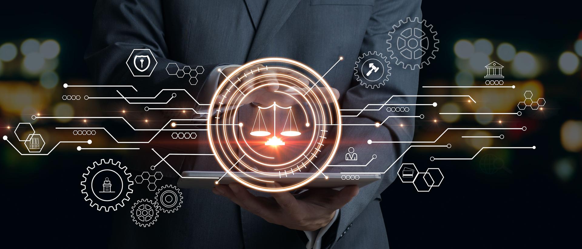 Businessman touching the icon of the balance of justice. Concept of legal advice, law and defense.